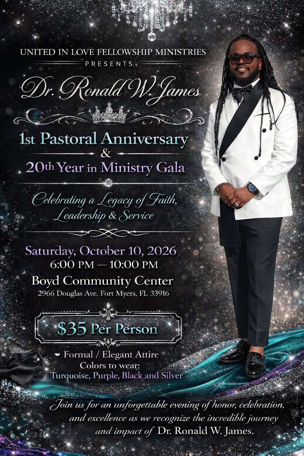 Poster for Dr. Ronald W. James 1st Pastoral Anniversary and 20th Year in Ministry Gala